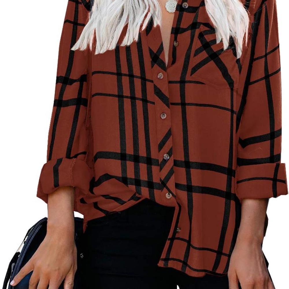 Women's Long Sleeve V-Neck Stripes Casual Blouses Pocket Button Down Shirt